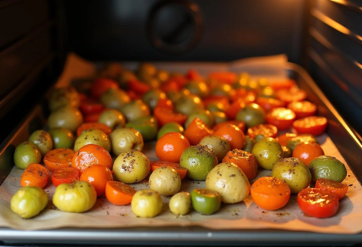 Vegetables arranged on a baking sheet for roasting in a cozy kitchen while the oven prepares to bake Dune Timothée Chalamet's Spice-Roasted Vegetables.