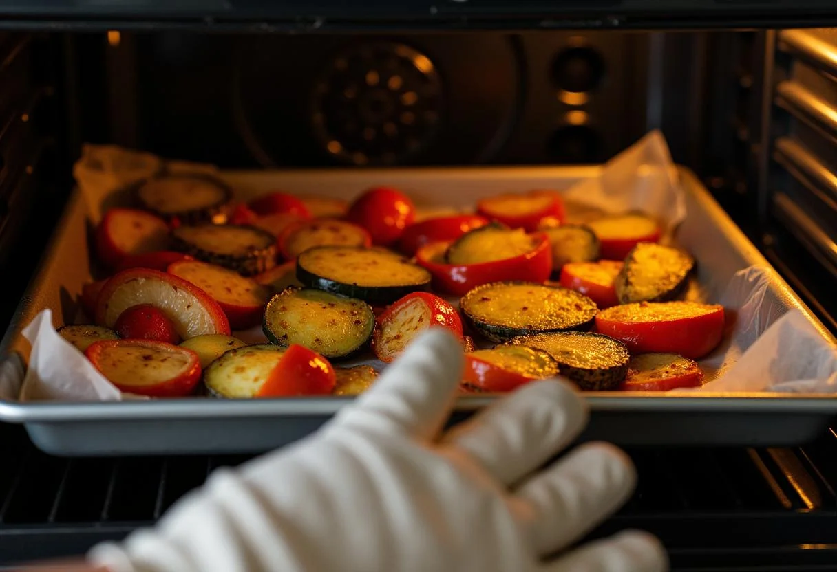Freshly roasted Dune Timothée Chalamet's Spice-Roasted Vegetables showcasing a beautifully caramelized and crispy texture right out of the oven.