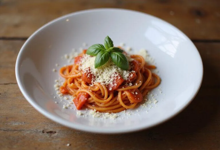 Final presentation of Easy A Emma Stone's Scarlet Letter Red Pepper Pasta with garnishes, showcasing its rich colors and appealing texture.