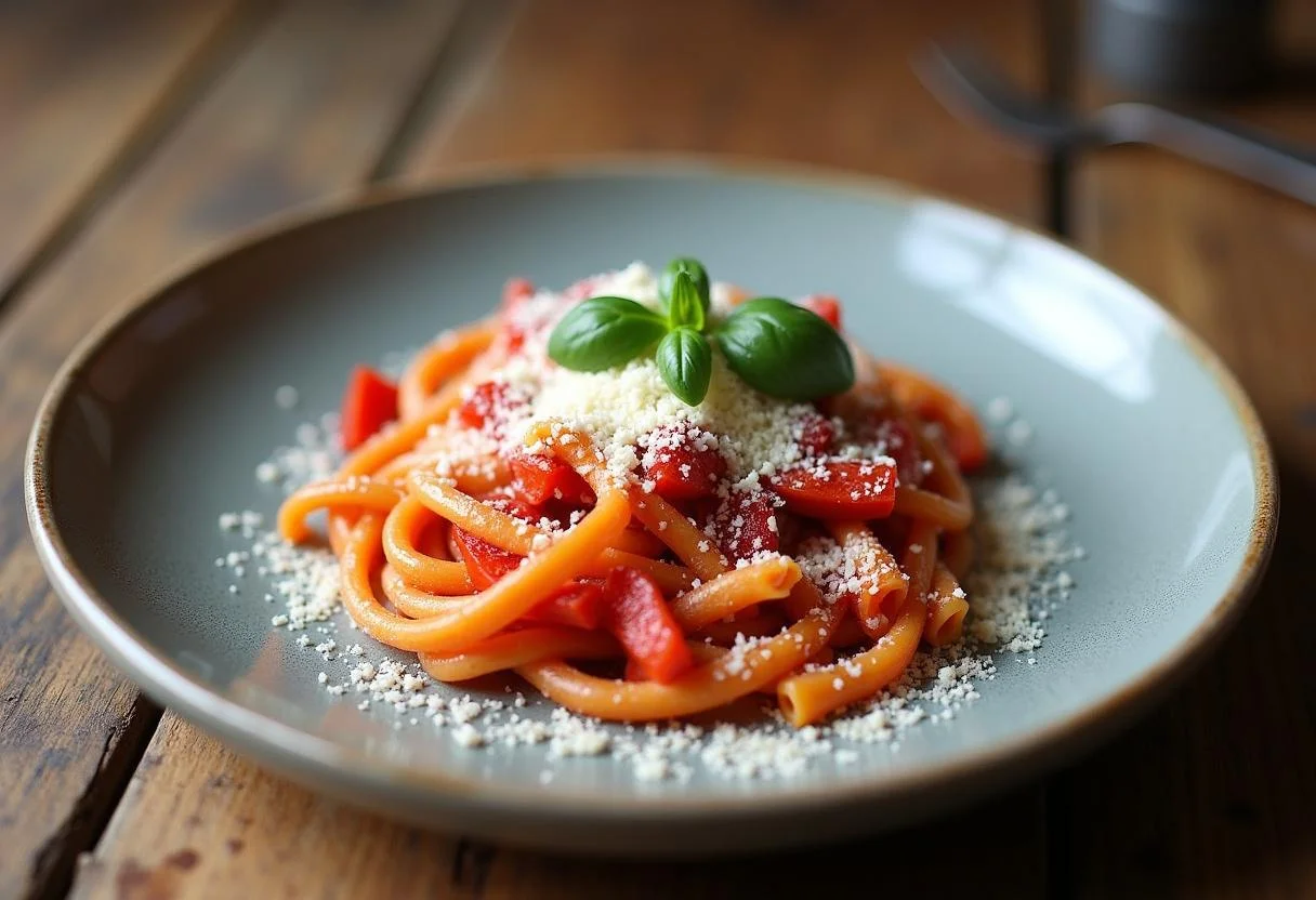 Final presentation of Easy A Emma Stone's Scarlet Letter Red Pepper Pasta with garnishes, showcasing its rich colors and appealing texture.