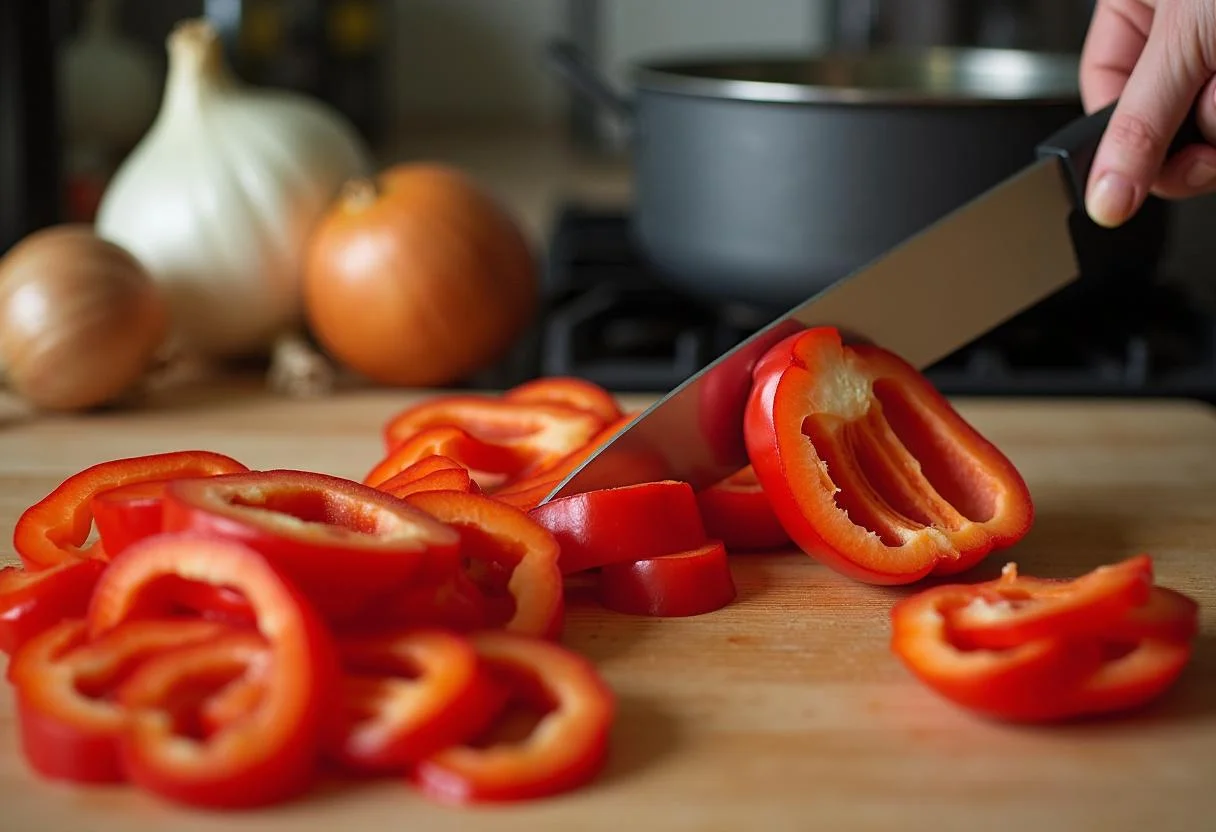 Step by step preparation of Easy A Emma Stone's Scarlet Letter Red Pepper Pasta with fresh sliced red bell peppers and other ingredients.