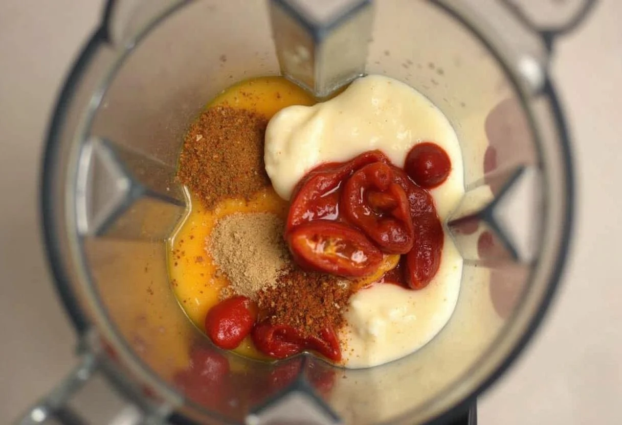 Blending roasted red peppers for Easy A Emma Stone's Scarlet Letter Red Pepper Pasta, creating a creamy sauce.