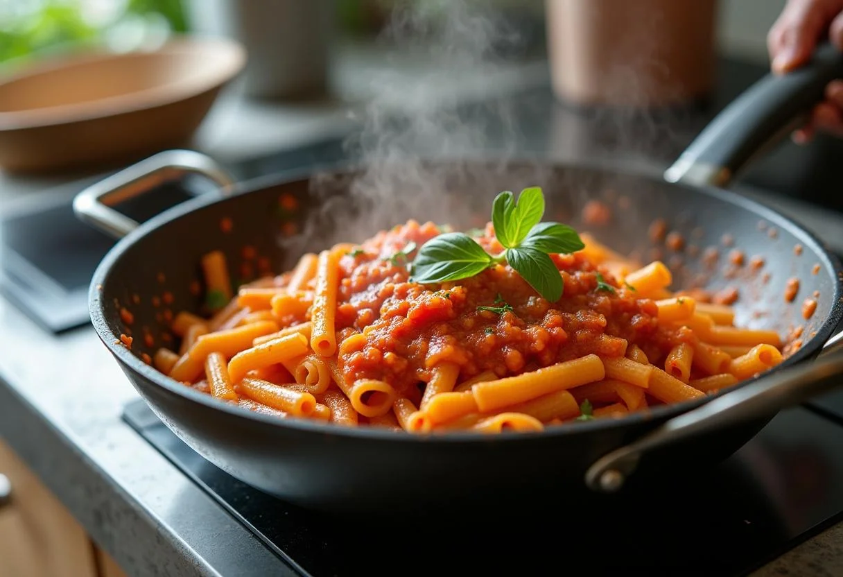 Tossing cooked pasta with creamy red pepper sauce for Easy A Emma Stone's Scarlet Letter Red Pepper Pasta, ready for serving.