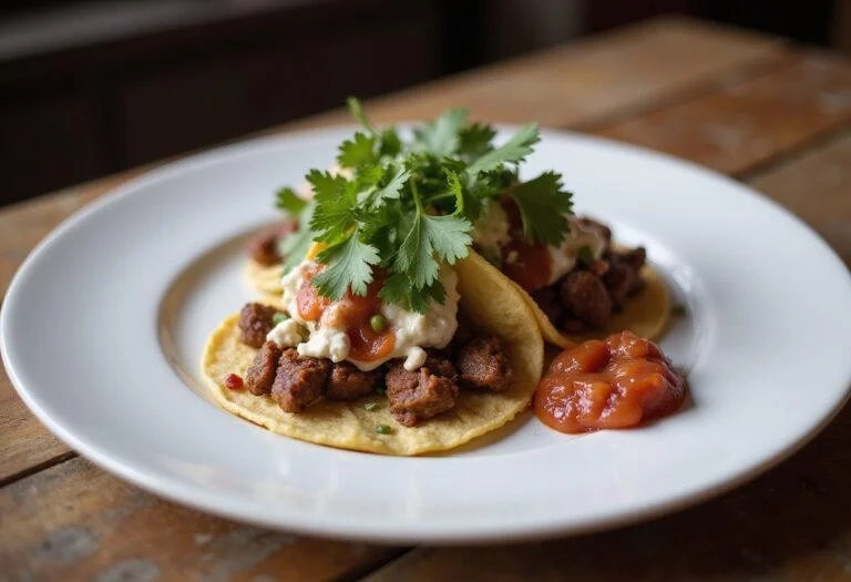The final presentation of Extraction Chris Hemsworth's Tactical Tacos, perfectly plated with garnishes and salsa for a delectable meal.