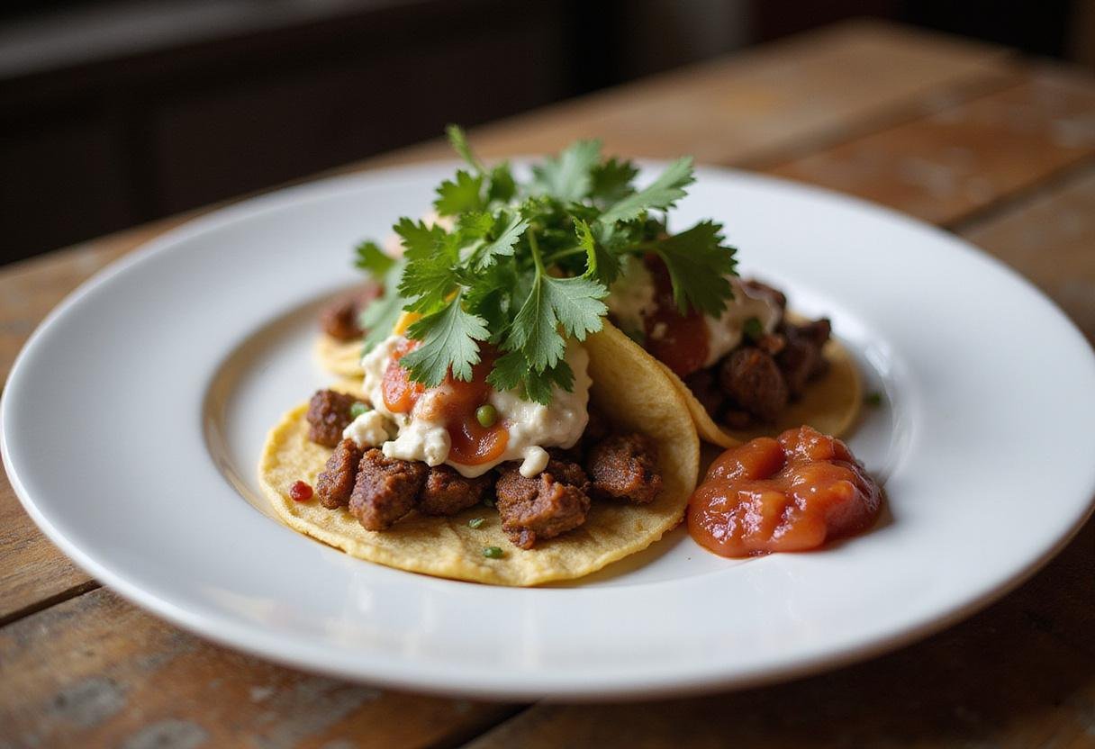 The final presentation of Extraction Chris Hemsworth's Tactical Tacos, perfectly plated with garnishes and salsa for a delectable meal.