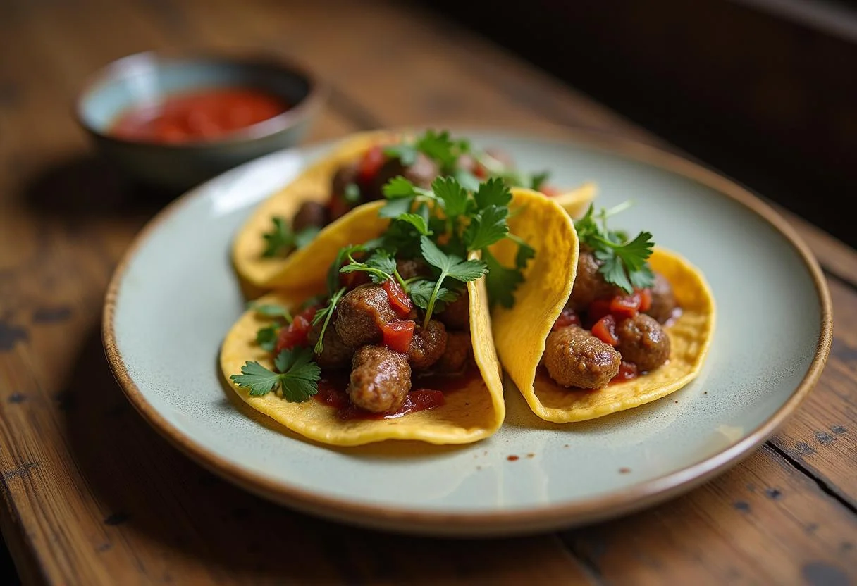 The final presentation of Extraction Chris Hemsworth's Tactical Tacos, perfectly plated with garnishes and salsa for a delectable meal.