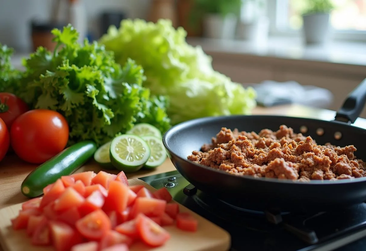 Fresh ingredients for Extraction Chris Hemsworth's Tactical Tacos including tomatoes, lettuce, jalapeños, and sautéed ground beef.