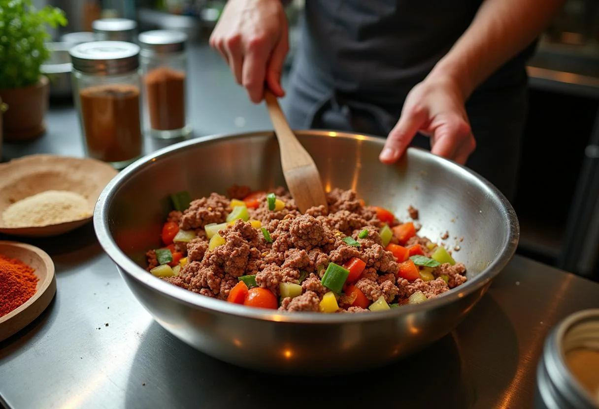Combining flavorful spiced ground beef with fresh vegetables for Extraction Chris Hemsworth's Tactical Tacos in a well-organized kitchen.