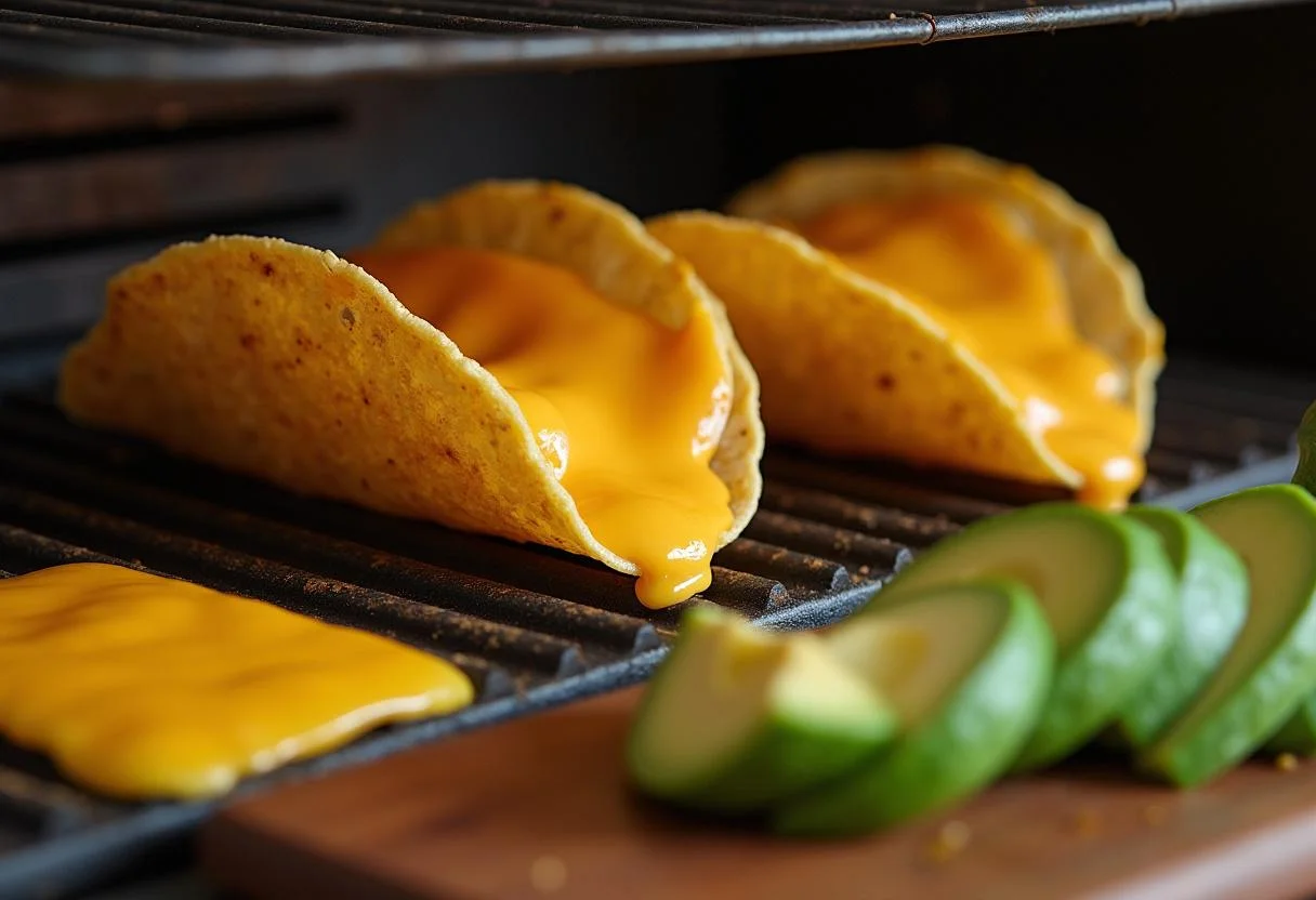 Preparing taco shells and melted cheese for Extraction Chris Hemsworth's Tactical Tacos, showcasing the vibrant cooking environment.