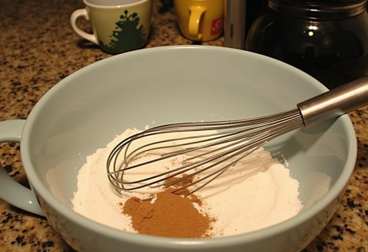 Dry ingredients for Friends Central Perk Coffee Cake in a bowl, perfect for beginning the delicious baking process.