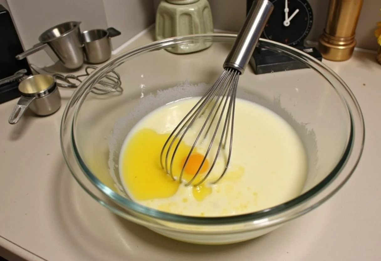 Mixing eggs, milk, and melted butter for the Friends Central Perk Coffee Cake in a cozy kitchen, capturing the essence of a delightful baking experience.