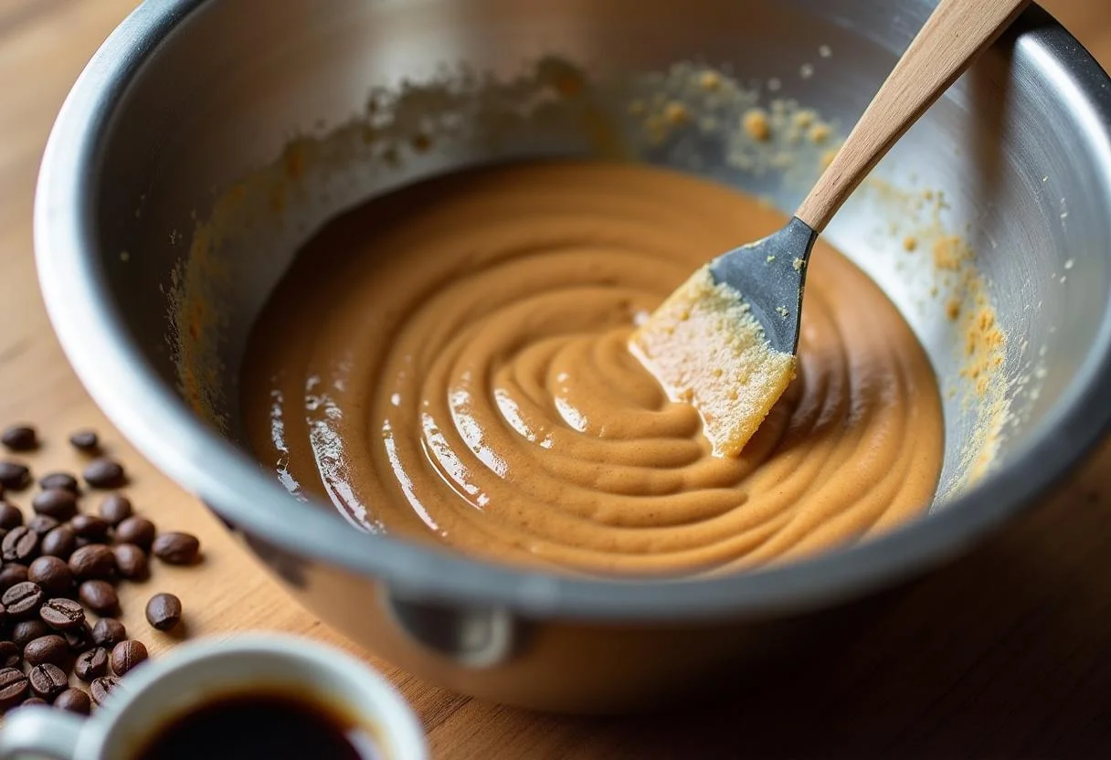 Combining wet and dry ingredients to create the batter for the Friends Central Perk Coffee Cake, a perfect blend of flavors in a warm kitchen setting.