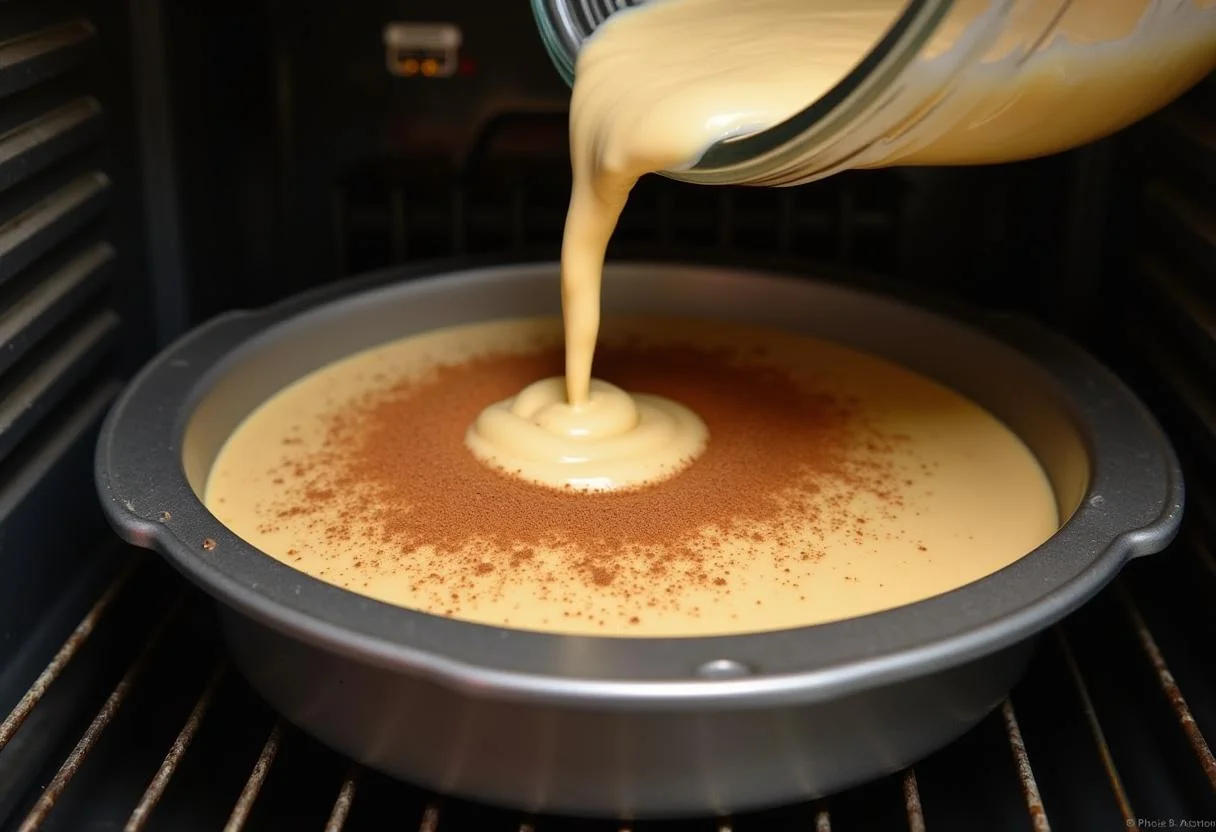 Pouring the coffee cake batter into a pan for Friends Central Perk Coffee Cake, ready to bake and envelop the kitchen with its irresistible aroma.