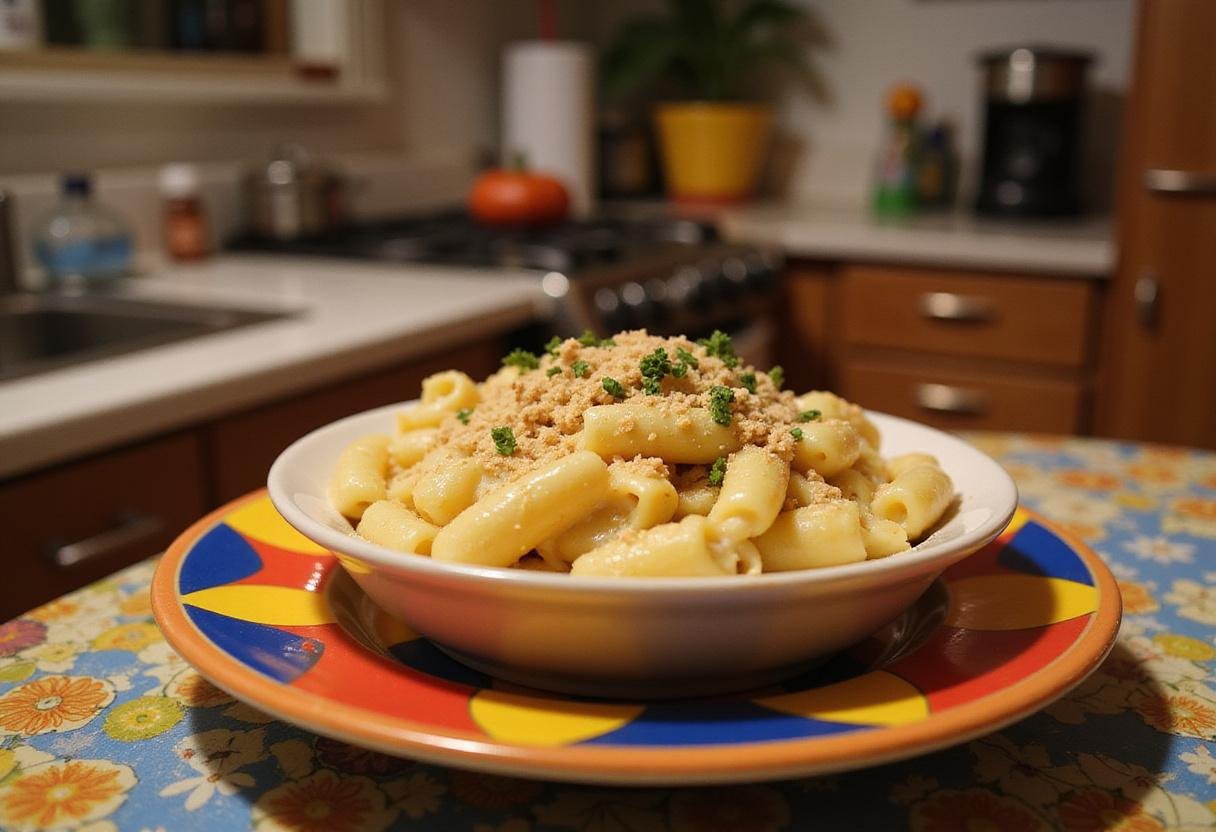Final presentation of Friends Monica's Messy Apartment Mac and Cheese in a cozy kitchen filled with character.
