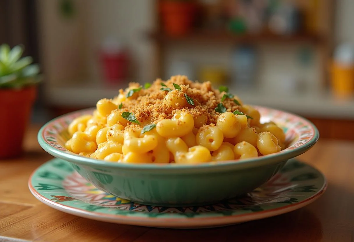 Final presentation of Friends Monica's Messy Apartment Mac and Cheese in a cozy kitchen filled with character.