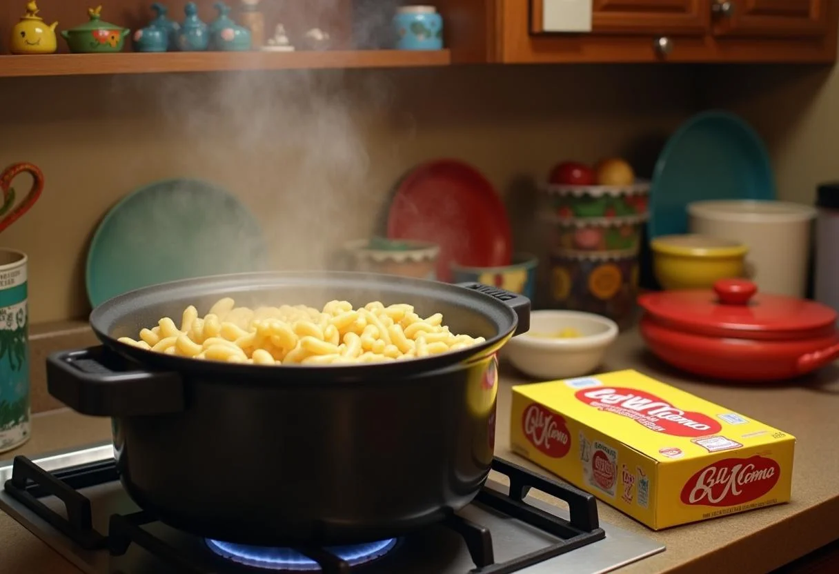 Preparing the water for Friends Monica's Messy Apartment Mac and Cheese with a nostalgic kitchen backdrop.