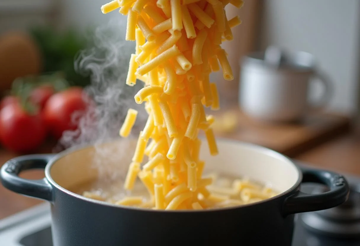 Cooking macaroni for Friends Monica's Messy Apartment Mac and Cheese in a lively kitchen.
