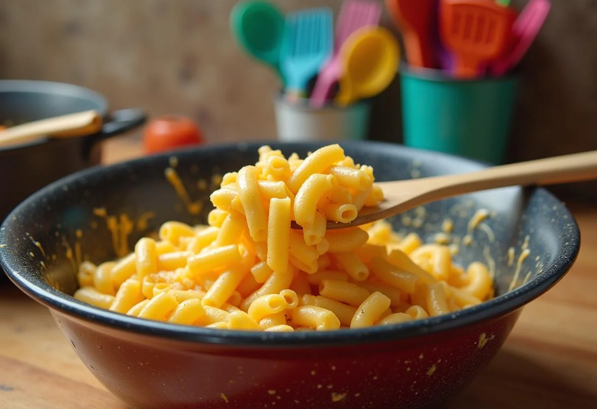Draining macaroni for Friends Monica's Messy Apartment Mac and Cheese amidst a charmingly cluttered kitchen ambiance.