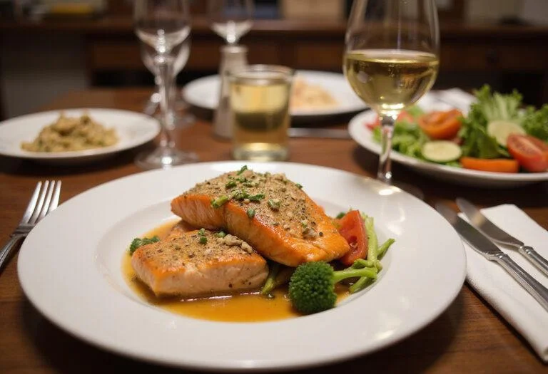 Delicious plating of Friends Phoebe Buffay's Smelly Cat Salmon served with vegetables and wine for a complete dining experience.
