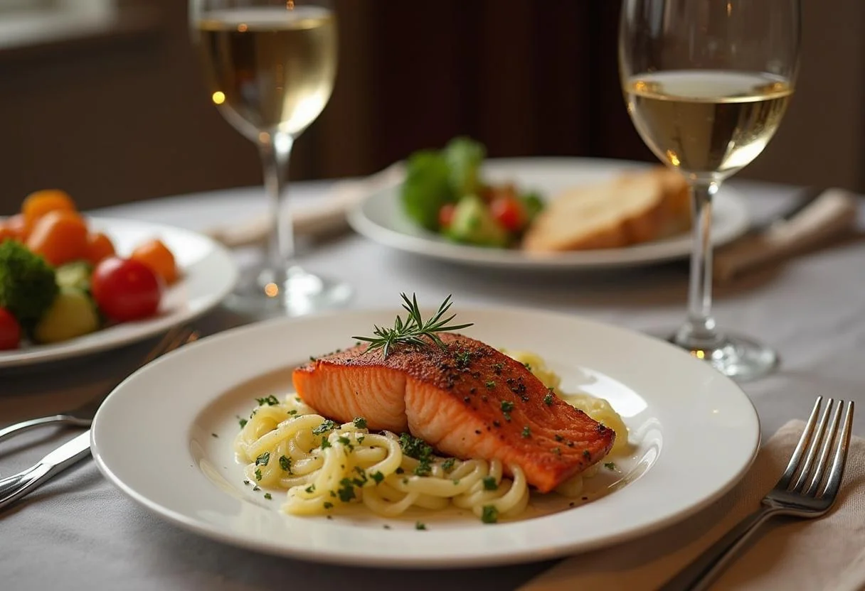 Delicious plating of Friends Phoebe Buffay's Smelly Cat Salmon served with vegetables and wine for a complete dining experience.
