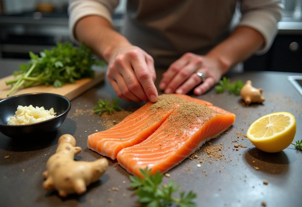 Seasoning salmon for Friends Phoebe Buffay's Smelly Cat Salmon with garlic, ginger, and herbs.