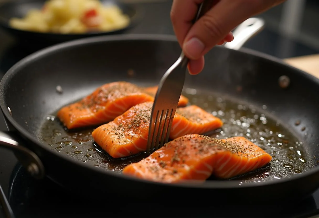 Cooking salmon fillets for Friends Phoebe Buffay's Smelly Cat Salmon in a sizzling skillet with olive oil.