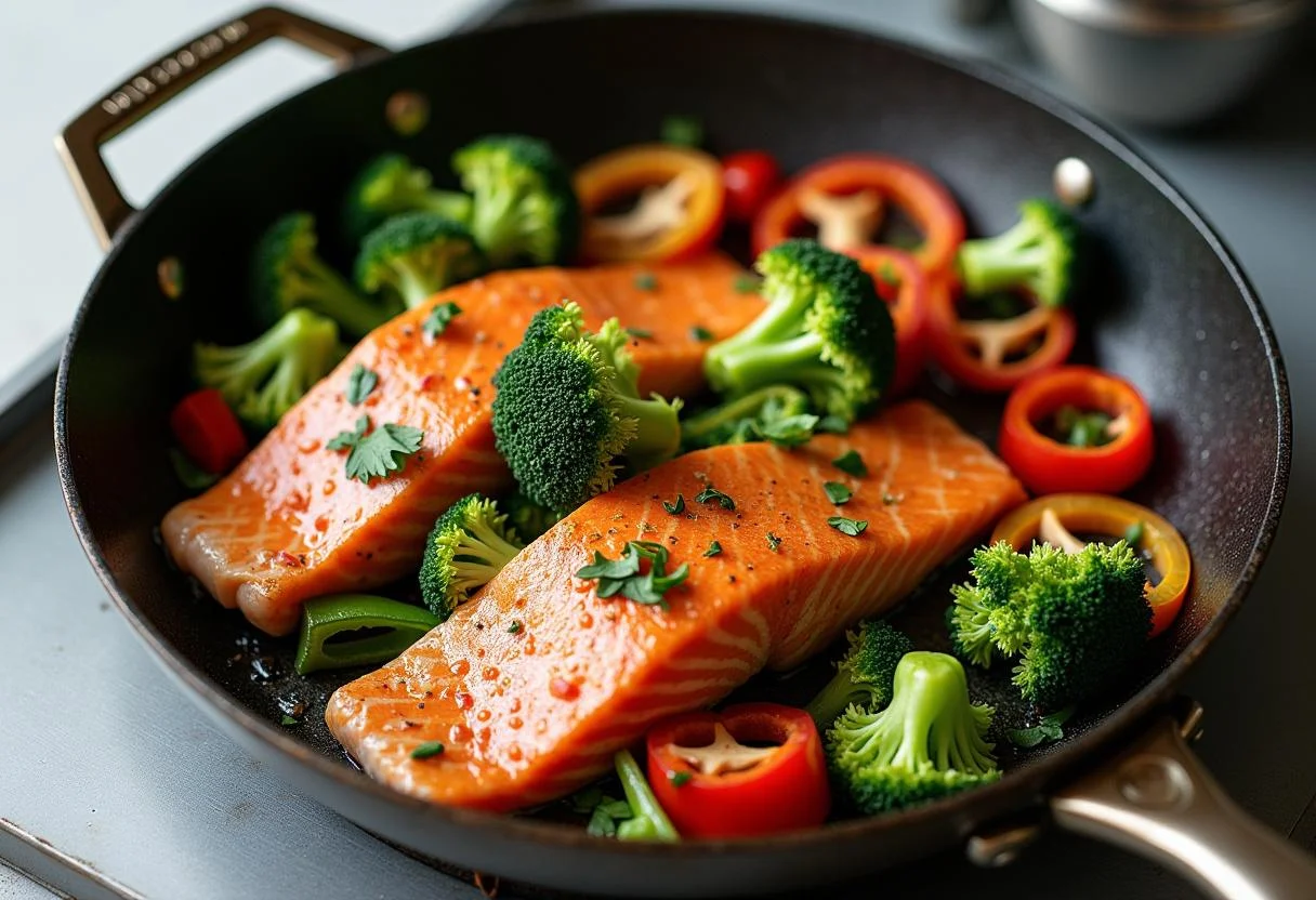 Adding colorful vegetables to the skillet while cooking Friends Phoebe Buffay's Smelly Cat Salmon.