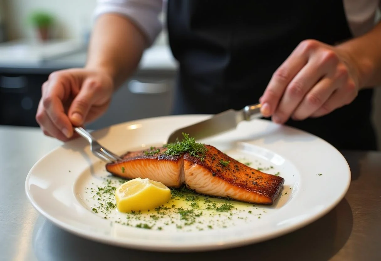 Plating Friends Phoebe Buffay's Smelly Cat Salmon with herbs and lemon for an elegant presentation.