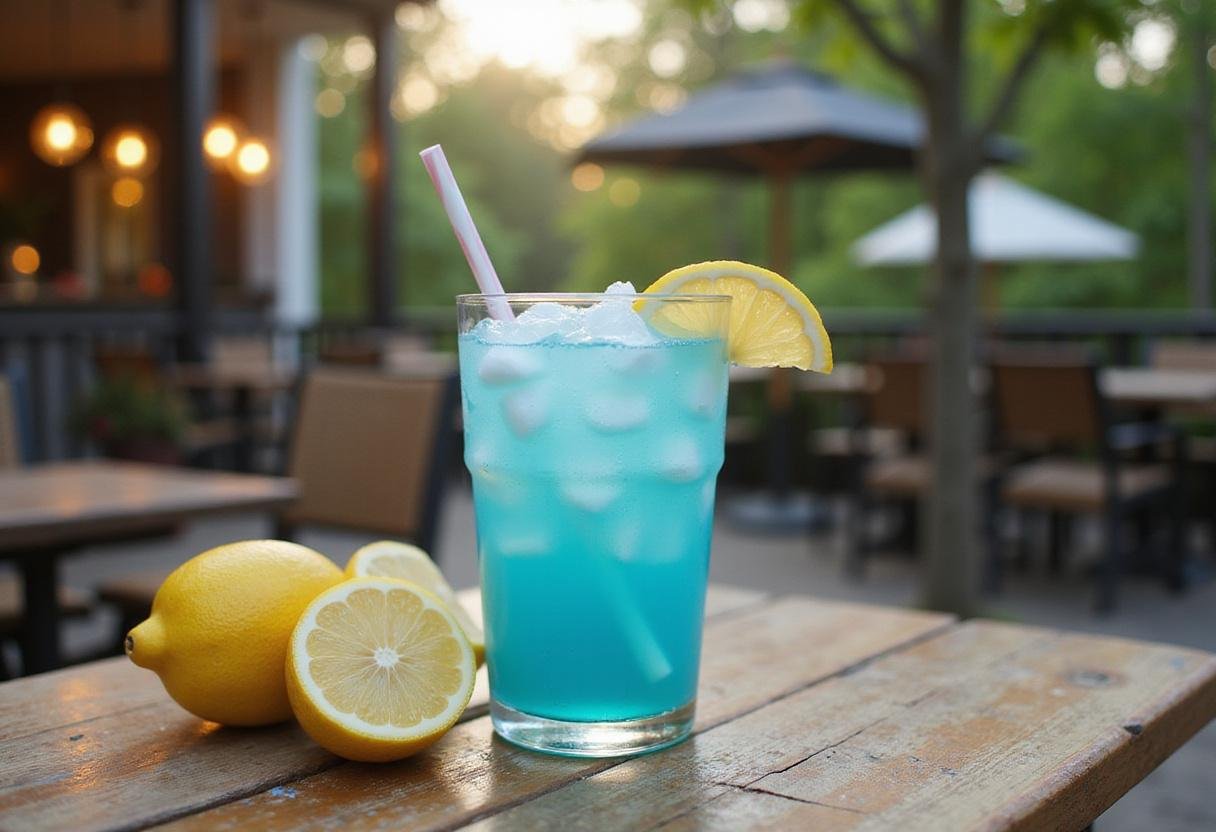 Indulge in the delightful presentation of Frozen Arendelle Aqua Lemonade, showcasing its stunning blue hue and refreshing summer appeal.