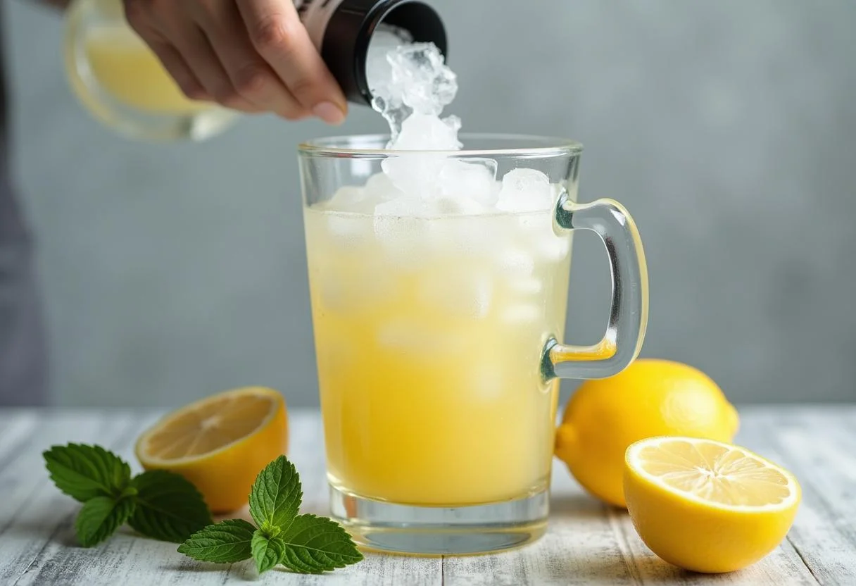 Add ice to the blender for the perfect Frozen Arendelle Aqua Lemonade, showcasing frosty textures and fresh lemon and mint garnishes.