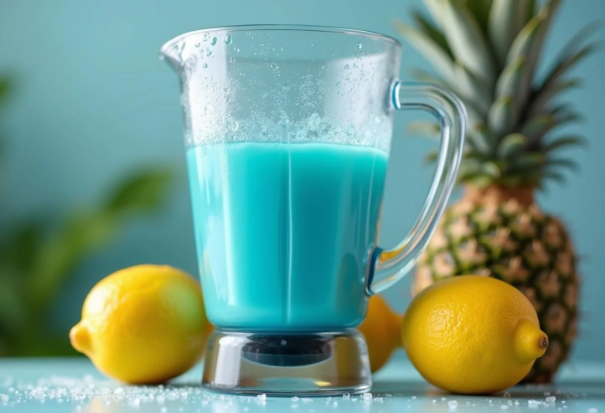 Experience the blending process of Frozen Arendelle Aqua Lemonade, showcasing a vibrant blue mix with fresh lemons enriching the theme.
