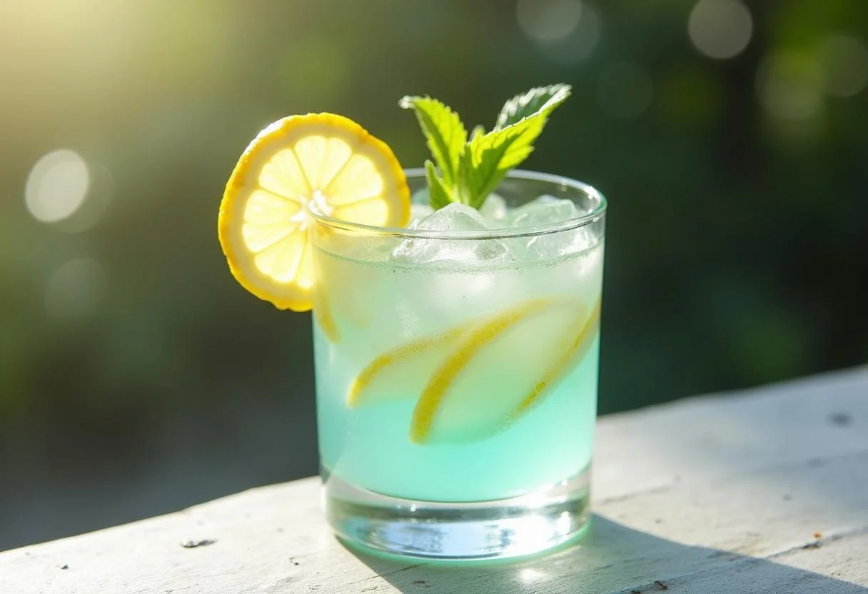 Witness the final touch on Frozen Arendelle Aqua Lemonade, as it’s poured into a glass with lemon and mint garnishes for an appealing look.