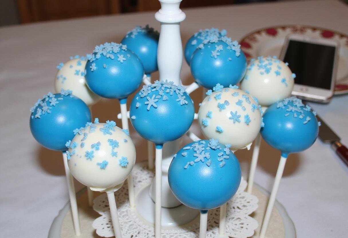 Final presentation of Frozen Coronation Day Cake Pops with royal blue chocolate and sprinkles, ideal for celebrations.