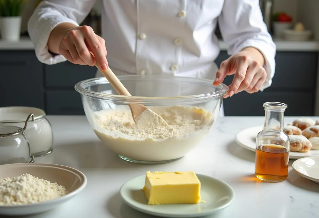 Making Frozen Coronation Day Cake Pops batter with flour, sugar, and butter in a bright kitchen.
