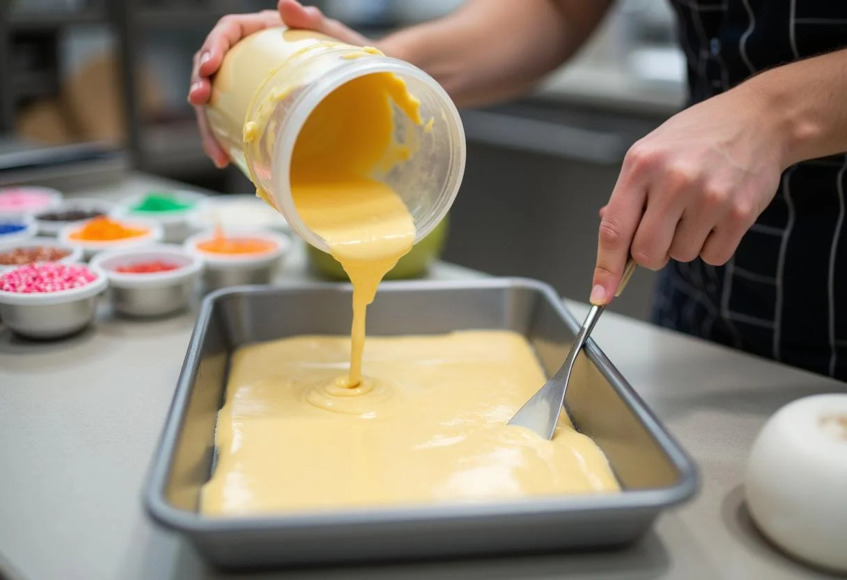 Pouring cake batter for Frozen Coronation Day Cake Pops into a baking pan with colorful decorations in the background.