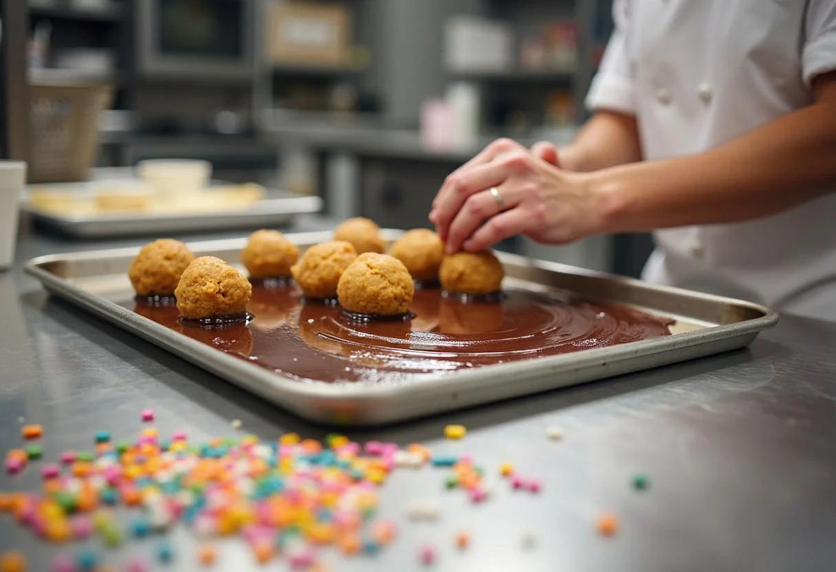 Shaping cake balls for Frozen Coronation Day Cake Pops on a tray in a vibrant kitchen setting.