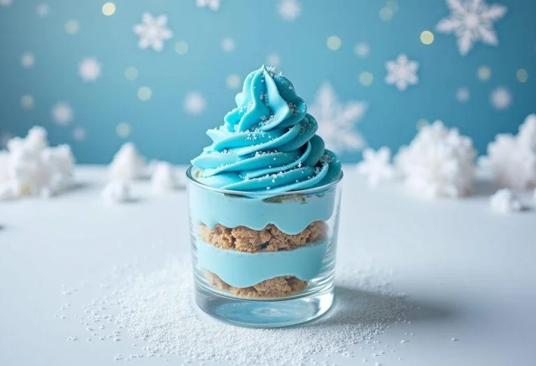 Final presentation of Frozen Elsa's Ice Palace Parfait, featuring blue layers and winter-themed decor on a white table, perfect for a magical dessert.