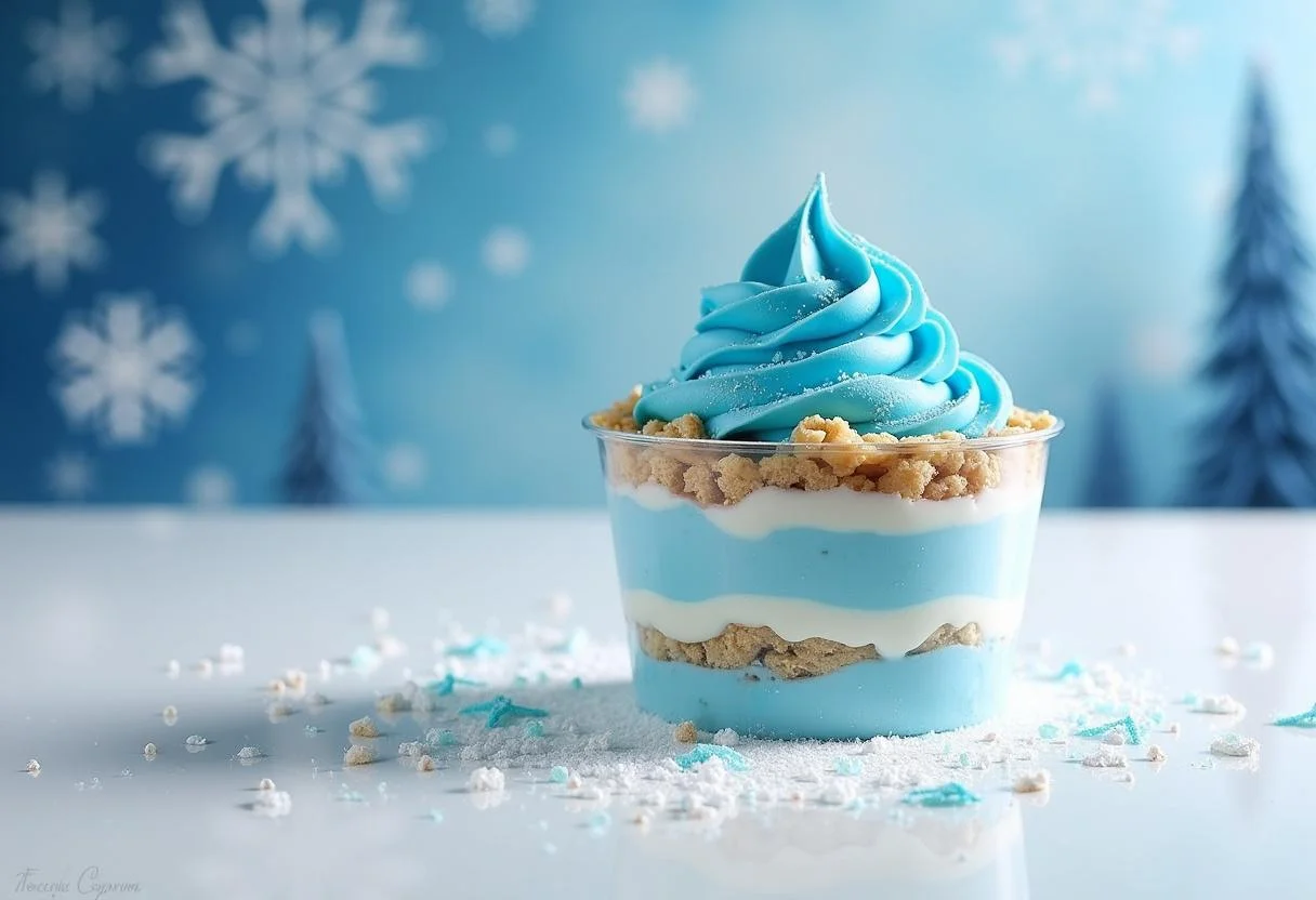 Final presentation of Frozen Elsa's Ice Palace Parfait, featuring blue layers and winter-themed decor on a white table, perfect for a magical dessert.