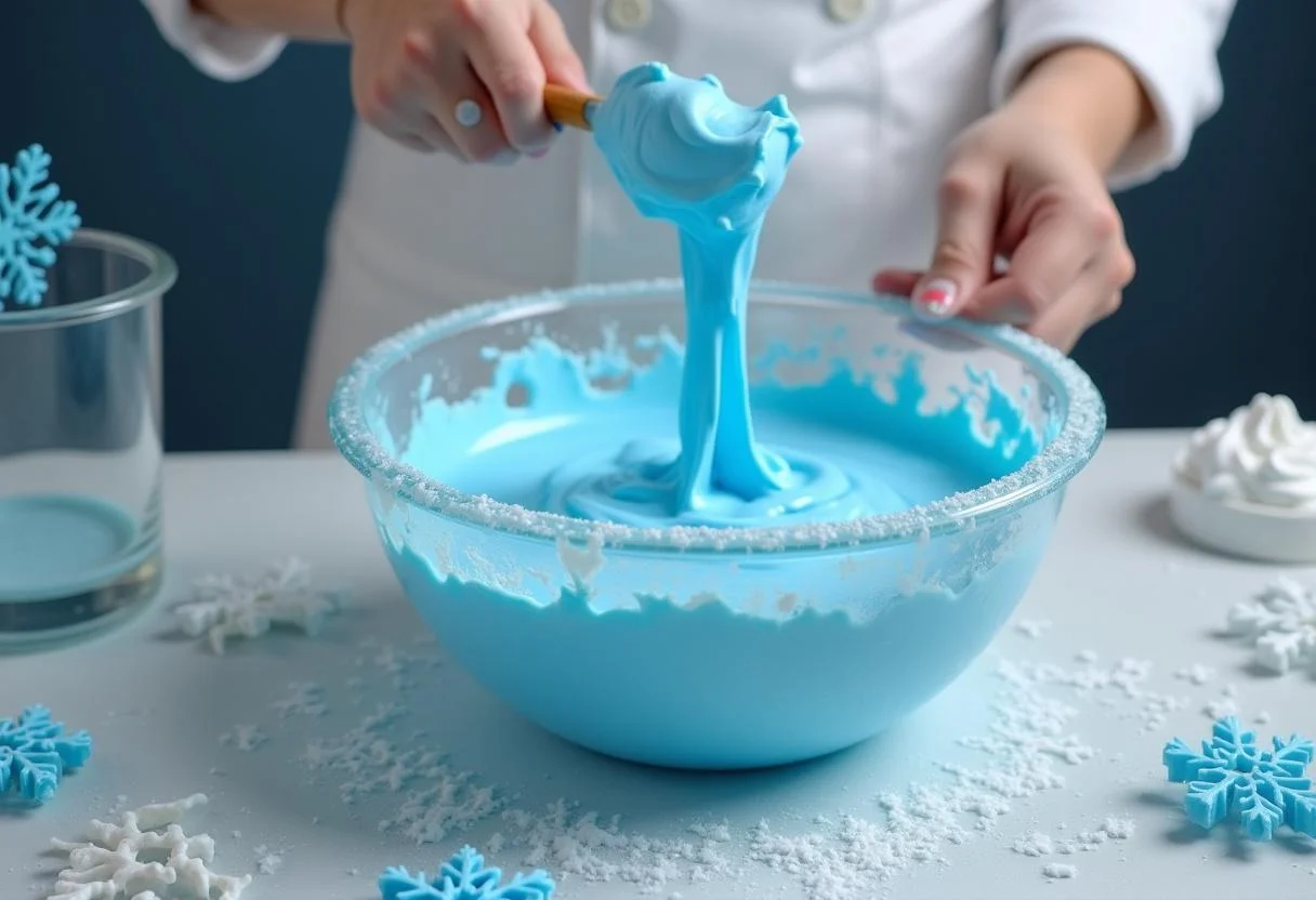 Making Frozen Elsa's Ice Palace Parfait by mixing whipped cream with blue food coloring in a cozy kitchen with winter decorations.