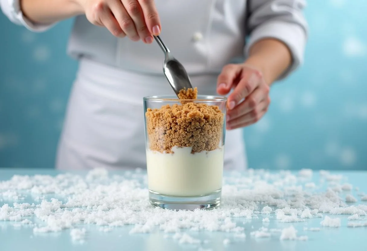 Layering crushed graham crackers for Frozen Elsa's Ice Palace Parfait in a clear glass, showcasing a winter-themed kitchen.