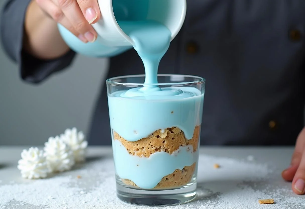 Pouring blue whipped cream for Frozen Elsa's Ice Palace Parfait, highlighting the layers in a glass with a snow-themed kitchen backdrop.