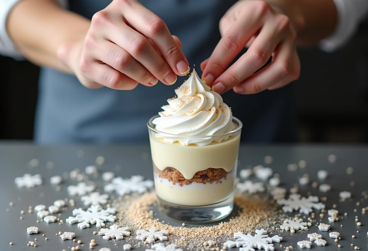 Topping Frozen Elsa's Ice Palace Parfait with whipped cream and edible glitter in a festive kitchen filled with winter decorations.