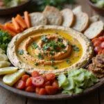Serving Frozen Hans' Heroic Hummus in a decorative platter, with colorful vegetables and pita bread for a delightful appetizer.
