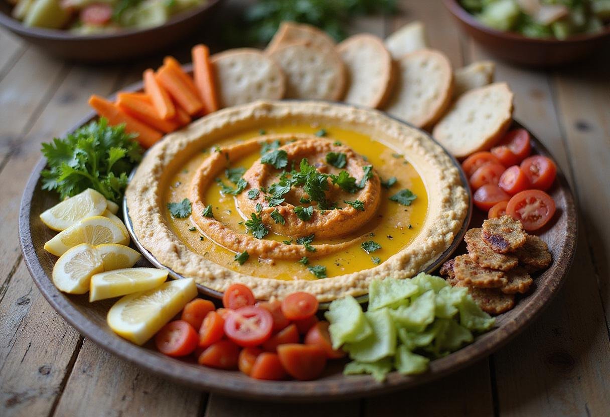 Serving Frozen Hans' Heroic Hummus in a decorative platter, with colorful vegetables and pita bread for a delightful appetizer.