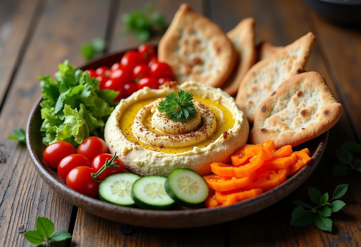 Serving Frozen Hans' Heroic Hummus in a decorative platter, with colorful vegetables and pita bread for a delightful appetizer.