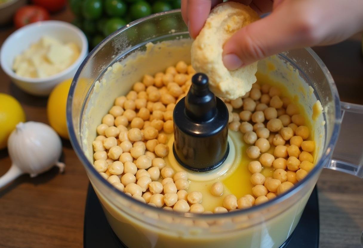 Making Frozen Hans' Heroic Hummus, blending chickpeas with tahini and garlic for a creamy texture.