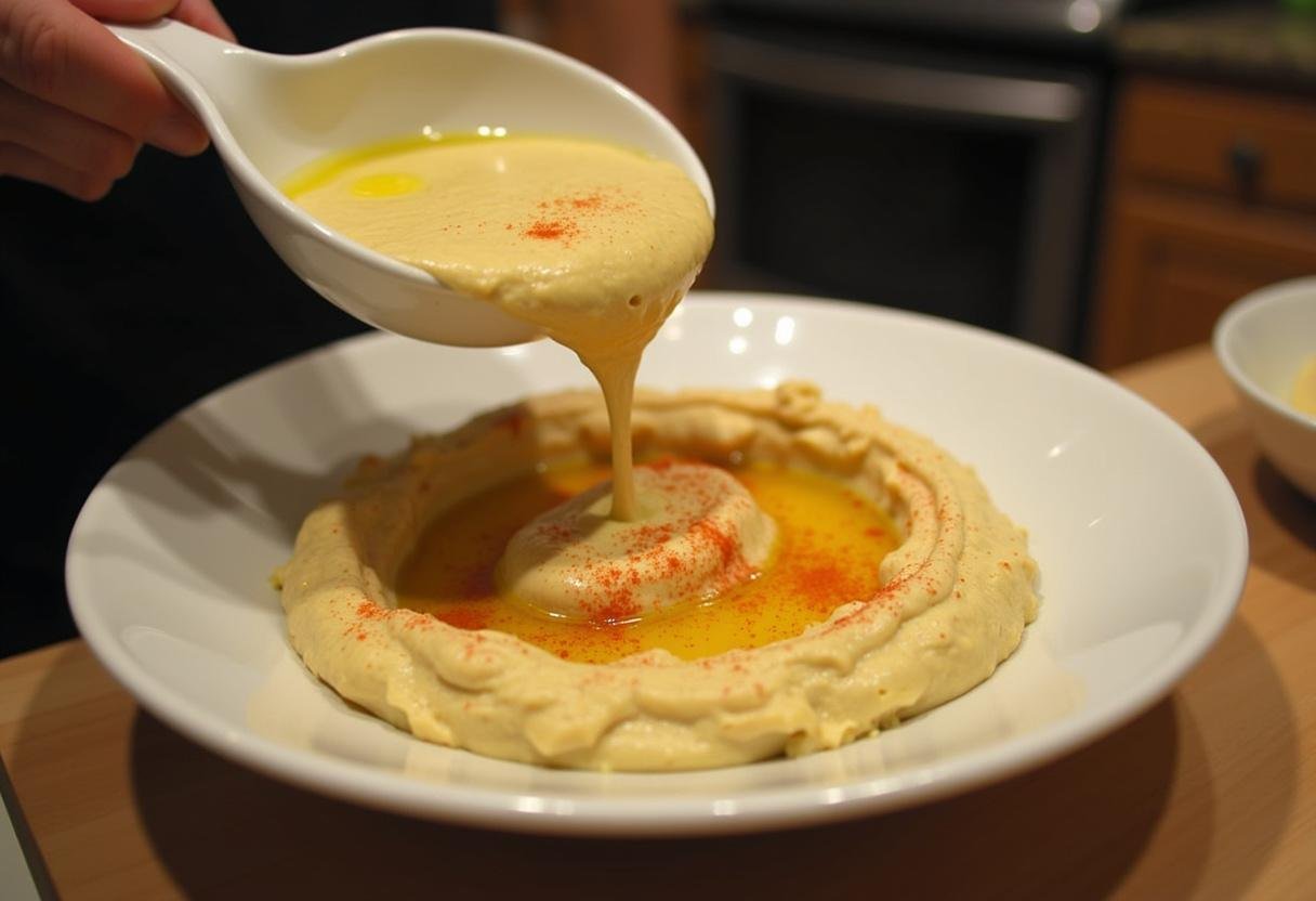 Transferring the creamy hummus into a bowl and adding olive oil for a rich taste in Frozen Hans' Heroic Hummus.