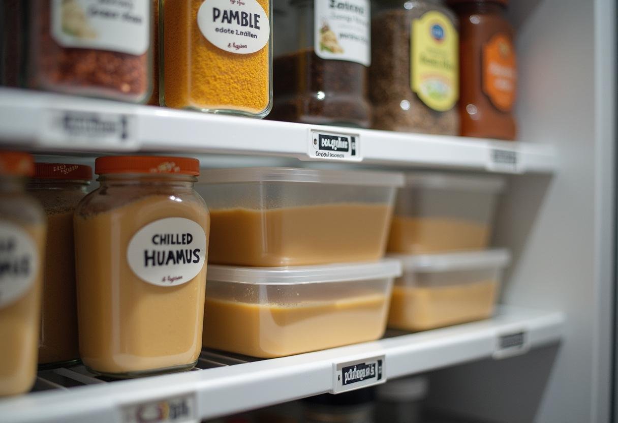 Storing Frozen Hans' Heroic Hummus in the freezer for long-lasting freshness and flavor.