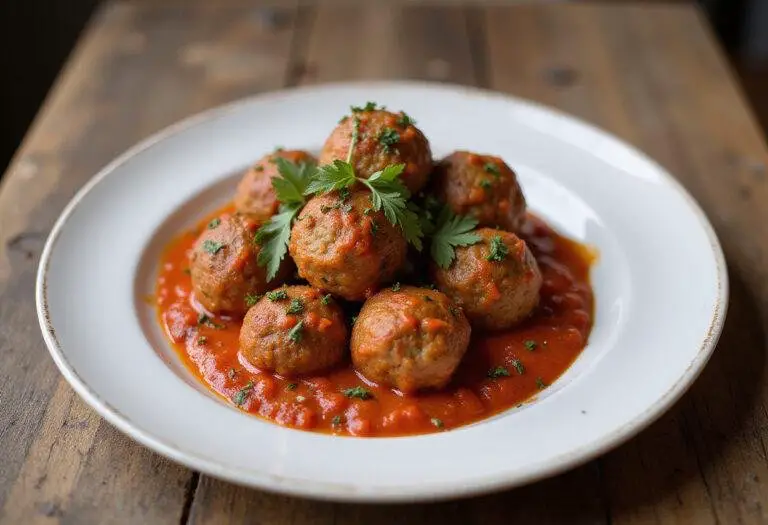 Final presentation of Frozen Marshmallow's Mighty Meatless Meatballs with marinara sauce and garnish.