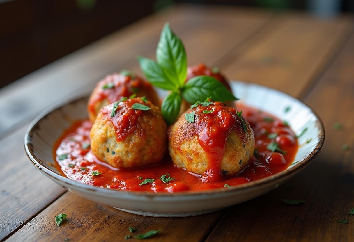 Final presentation of Frozen Marshmallow's Mighty Meatless Meatballs with marinara sauce and garnish.